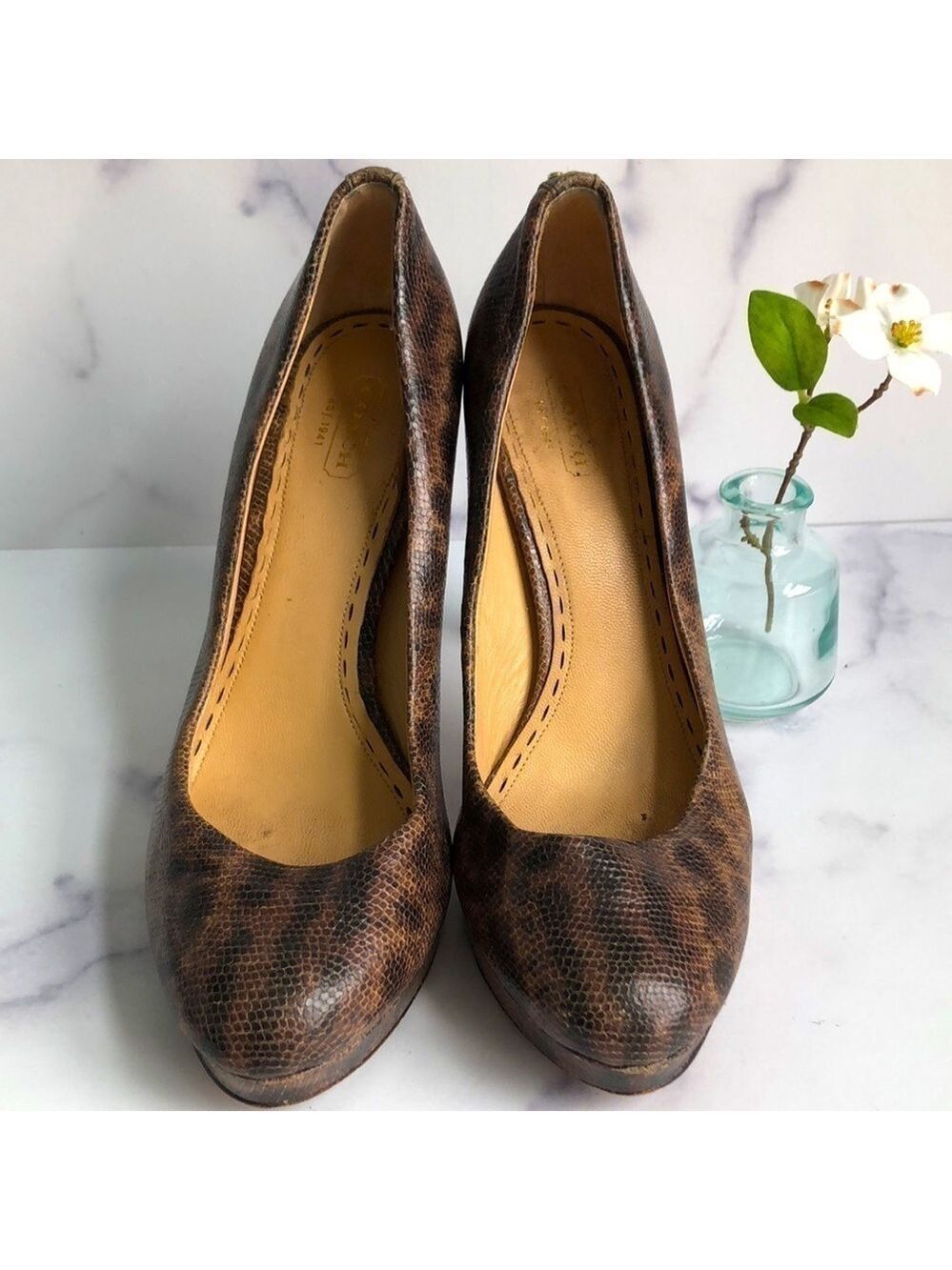 Coach Snakeskin Platform High Heel Pumps Brown Size 8.5B